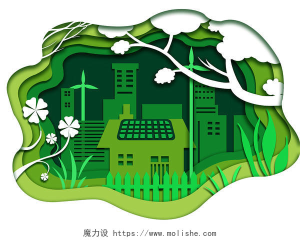 绿色剪纸风格城市环保绿植风车主题高清素材文明城市